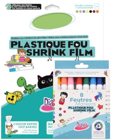 Diam's Kit Plastique Fou, 7 Feuilles thermo rétractables A4 de couleurs vives + 8 Feutres de Couleurs pour Plastique Fou