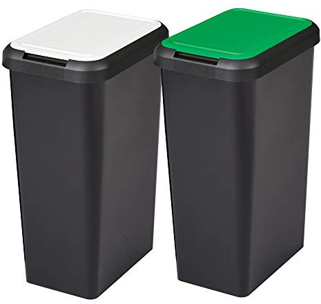 Tontarelli PK2156 Touch&Lift Set de 2 poubelles 90 litres Noir avec Couvercle Blanc/Vert