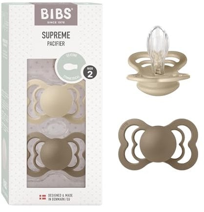 BIBS Supreme Schnuller 2er-Pack, BPA-frei, Symmetrischer Nippel. Silikon, Hergestellt in Dänemark. 6-18 Monate (2er Pack), Vanilla/Dark Oak