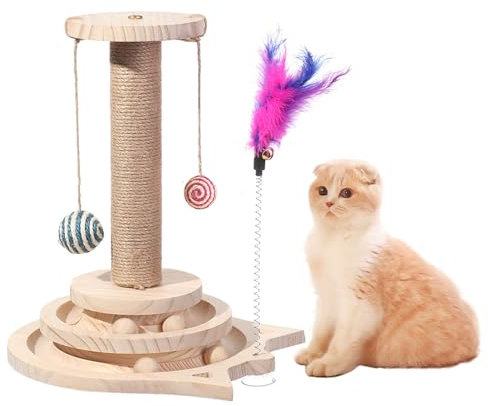 Marchul 4 in 1 Cat Toys - Cat Sisal Rope Scratching Post with Hanging Ball, Wooden Track Toy with Springy Feather, Interactive Scratch Post for Indoor Play