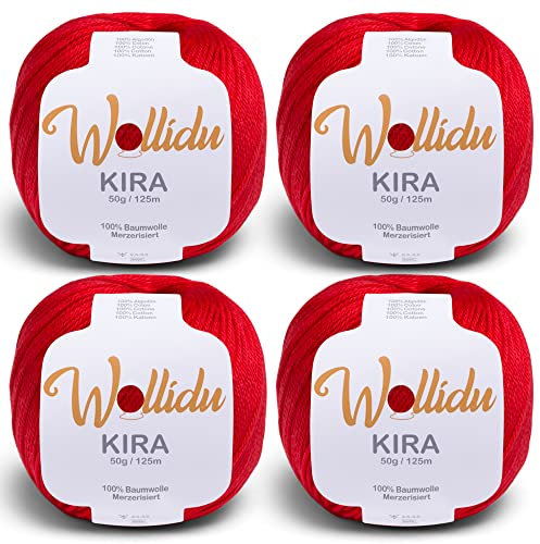 Wollidu, “Kira”, 100% cotone, per lavorare a maglia e a uncinetto, 4 pezzi da 50 g l’uno, rosso