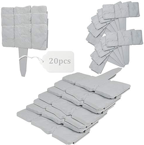 EXLECO 5M Rasenkanten Kunstoff Steinoptik 20 Pcs Beeteinfassung Palisade Zaun Stone Rasenkantensteine Beetumrandung Stein Effect Garten Randsteine, Pflanze Bordüre für Rasen Blumenbeet Grau