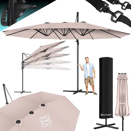KESSER® Sombrilla, 4,6m x 2,7m Sombrilla - Cubierta y Protección Contra el Viento, Con Manivela y Soporte, Aluminio, Hidrófuga, Inclinable - Inclinable, Orientable 360°, Topo - Sin LED