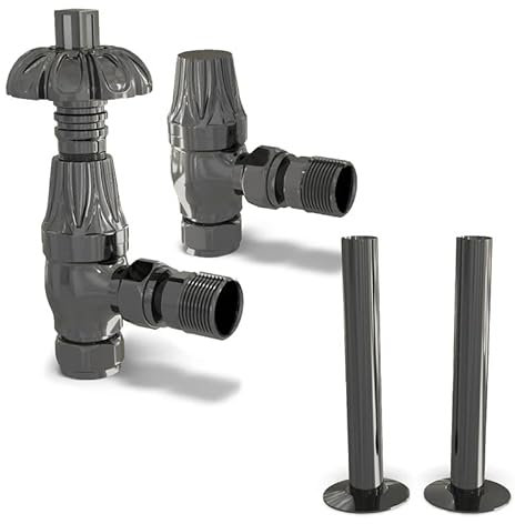 UK Radiators Black Nickel Thermostatic Radiator Valves and Angled Lockshield Valve - Polished Black Nickel Finish - Traditional Design 1/2 x 15mm Metal Head Radiator Valves with 130mm Pipe Covers