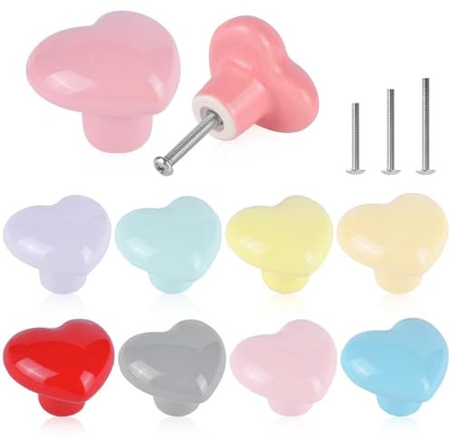 ShipeeKin 10 Pomos de Armarios para Habitación Infantil, Pomos para Muebles para Niños, Forma de Amor Tiradores para Muebles Redondos de Cerámica Brillante y Coloridos