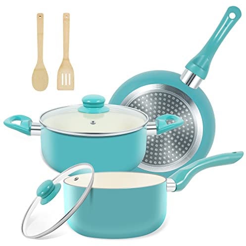 M MELENTA Batería de Cocina Antiadherente de Aluminio 7 Piezas, Sartenes Induccion 20cm, Ollas Cocina 16cm/20cm, Bateria de Cocina Inducción con Tapas, Juego de Sartenes con Espátula, Cuchara
