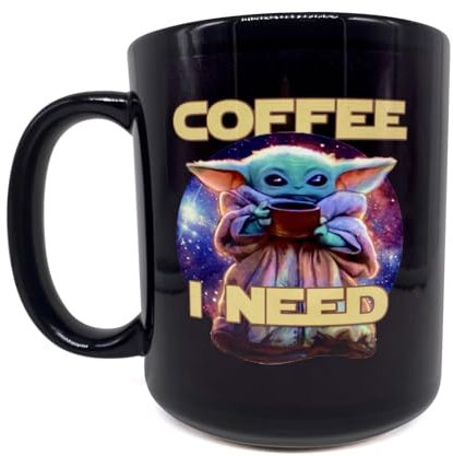 HOUSE PARTY 2K20 Star Wars Tasse Grogu Coffee I Need Zitat Kaffeetasse, The Mandalorian TV-Serie inspiriert, 325 ml, schwarze Keramik