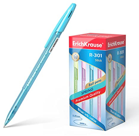 Erich Krause Kugelschreiber 0,35mm 50er Pack Blau - einfaches und weiches Schreiben - schlanke Form & transparent - Kullis & Schreibtischzubehör - R-301 Spring