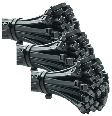 ERKO 100 Stück professionelle Kabelbinder 200 x 7,6 mm UV-beständiger Halter für den Kabelweg Halter für Kabelbinder in schwarz, temperaturbeständig, chemische resistenz (Packung mit 3)