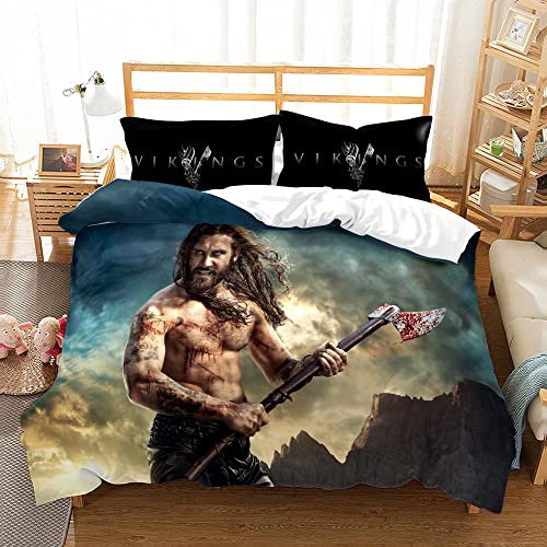 Bettbezug Set 135x200cm Wikinger-Krieger Bettwäsche Set Vikings Ragnar Warrior King Kinder 3 Teilig Mikrofaser 3D Motiv Luxus Modern Bettdeckenbezug Mit Reißverschluss und 2 Kissenbezug 80x80cm