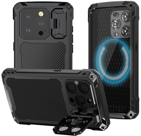 qichenlu Extrem Leicht Aluminium Outdoor Case kompatibel mit iPhone 15 Pro Max,mit Magnettechnik,Magnetische 360 Grad Hülle mit Displayglas Kameraschutz Ständer,Schwarz