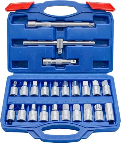 DAKCOS 23 pezzi Chiave di scarico Cle quadrata per tappo di scarico dell'olio con prolunga di prese da 3/8 e maniglia scorrevole in acciaio al cromo vanadio cromato opaco