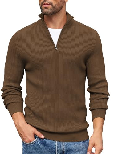 COOFANDY Men's Quarter Zip Jumper Ribbed Turtleneck Jumper Sweater Polo Neck Jumpers Casual Knitted Jumpers Warm Long Sleeve 1/4 Zip Pullover Tops Maroon Brown XL