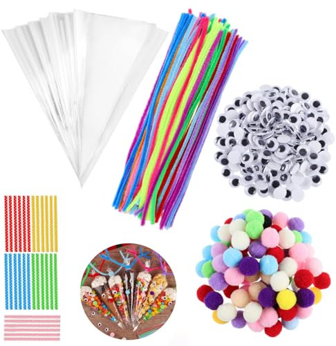 woric 100 Pfeifenputzer Bunt zum Basteln Set, Pfeifenreiniger 30cm Chenilledraht Biegeplüsch Pipe Cleaner für DIY Projekte Kindergeburtstag (inkl. Spitztüten Pompons Wackelaugen)