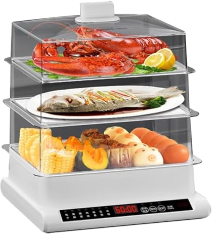 ZYJIX 3 Tier Food Steamer, 20 Litre Multi-Cooker, 800W Multi-function Steam Box, 60 Minute Timer, Removable Cooking Bowls, Compact Design, Includes Rice Bowl, Meat & Vegetable Steamer