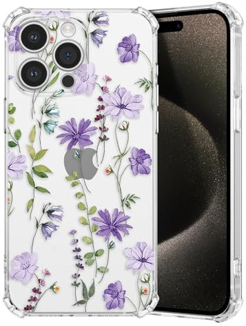 DEFBSC Case for iPhone 15 Pro, Cute Clear Floral Flower Pattern Design for Girls Women Slim Fit Shockproof Soft TPU Bumper Protective Cover - Purple