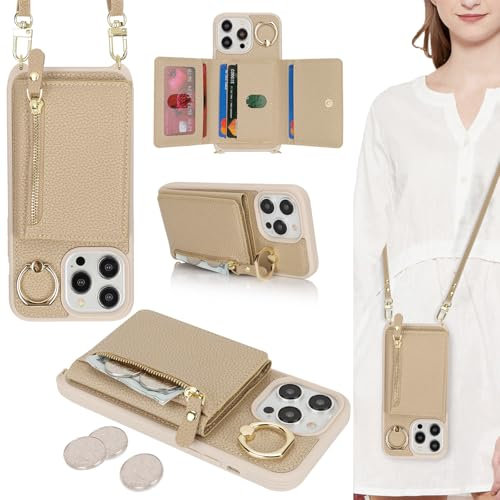 ELTEKER Handyhülle für iPhone 15 Pro Max Hülle mit Band Kartenfach Ringhalterung Geldbörse,Leder Klapphülle Umhängetasche Handytasche für iPhone 15 Pro Max - beige