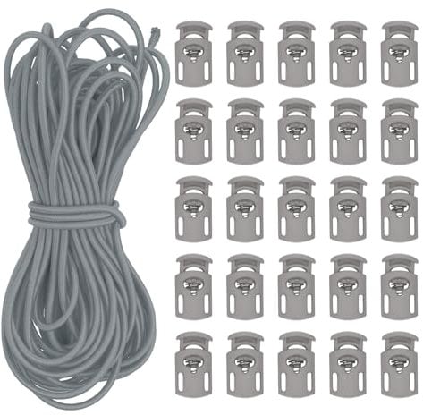 PATIKIL 10 Yard Elastic Bungee Cord & Single Hole Cord Lock, 25 Pack Plastic Oval Spring Toggle Stopper for Paracord Drawstring Shoelace Clothing Backpack Bags, Gray