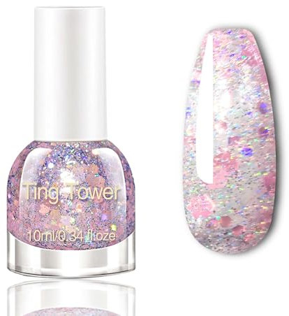 Reflective High Shine Sparkly Pink Nail Varnish - Silver Glitter Based with Pink Paillette - Air Dry Long Lasting Home DIY Nail Art