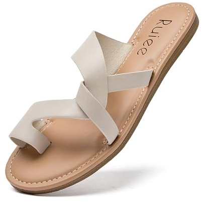 Ruiee Women's Flat Slides Sandals,Flip Flop Thong Summer Cool Beach Shoes Slip On Strapy Sandal for Women.22003 Beige PU Size8