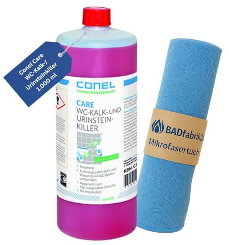 BADfabrik24 CONEL CARE WC-Kalk-/Urinstein-Killer 1L – Starkes Konzentrat mit Salzsäure + Mikrofasertuch 40x40 cm, Urinsteinentferner, Kalkentferner WC, Toilettenreiniger, Sanitärreiniger