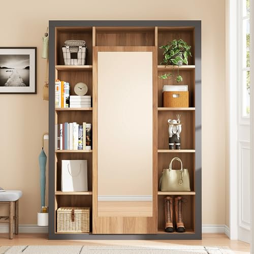 Garderobe Set mit Spiegel, Multifunktionsgarderobe mit 11 Offene Fächer Flurgarderoben Set mit 3 Haken Ideal für Flur Eingangsbereich und Schlafzimmer