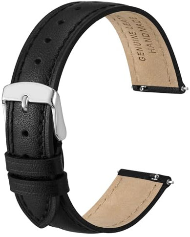Anbeer 20mm Flat Thin Elegantes Echtes Leder Uhrenarmband, Schnellverschluss Ersatz Uhrenarmband für Frauen, Schwarz mit Silberschnalle