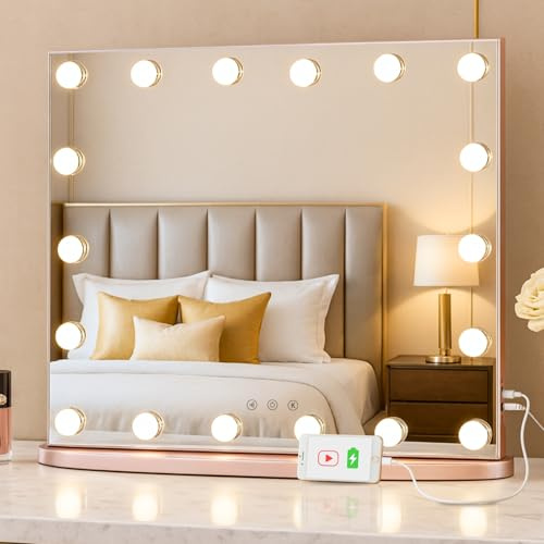LUXFURNI Hollywood‑Schminkspiegel mit LED‑Licht, 60 × 52 cm | 18 LED‑Leuchten, 360° schattenfreie Beleuchtung, 3 Lichtmodi, USB‑Laden, Tisch‑& Wandmontage für Schlaf‑& Schreibtische
