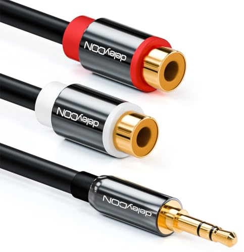 deleyCON 0,5m Cavo Audio Stereo Corto - Da Jack 3,5 mm Maschio a 2 Prese RCA Femmina - Struttura in Metallo - Connettori Placcati Oro - Nero