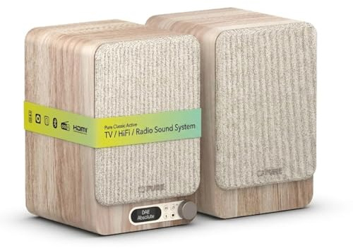 Pure Classic Active TV HiFi sistema audio con vero stereo, HDMI ARC, Bluetooth 5.3, radio DAB+ e FM, scheda audio USB-C, display OLED, telecomando, cotone, bianco/rovere