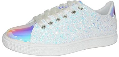 LUCKY STEP Damen Glitzer Sneaker | Schnüren Mode Schuhe | Glitzernde Bunt Turnschuhe für Damen (Weißes Hologramm, 10US-41EU-8UK)