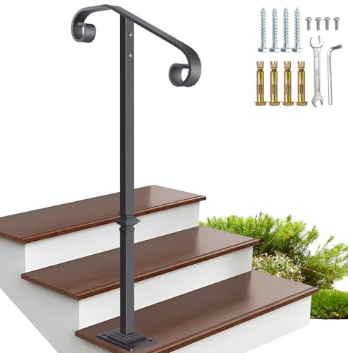 Corrimano per corrimano singolo, robusto corrimano per esterni con base in ferro battuto, adatto per scale a 1 o 2 gradini per gradini, veranda, grigio