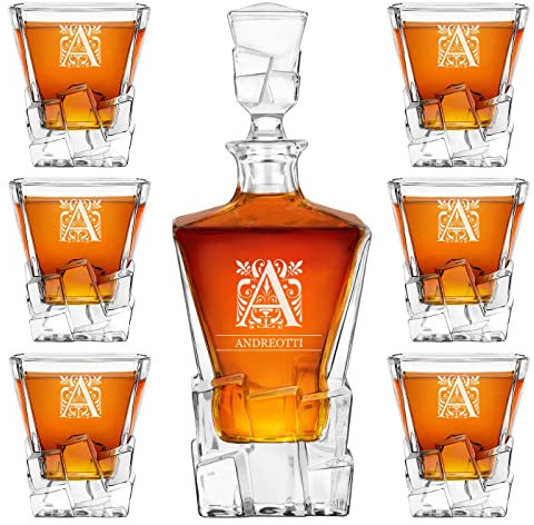 Maverton set Caraffa per whisky in vetro con 6 bicchieri - ideale per alcolici e liquori - ottimo per acqua - incisione personalizzata - 950 ml - pensiero speciale per Lui - lettera miniata