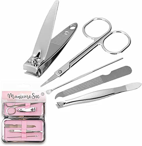 Manicure Set Professional Stainless Steel Grooming Kit For Cuticle Remover Including A Nail File Tweezers Pusher Scissors And Nail Clippers Travel Tool Men Women Pack Of 5