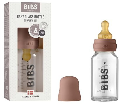 BIBS Baby Glass Bottle, Vermindert Koliken, Runder Sauger aus Naturkautschuklatex, Unterstützt das Stillen. Hergestellt in Dänemark, Complete Set - 110 ml, Woodchuck