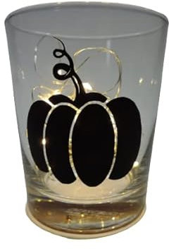 Lichtidee Teelicht Glas Windlicht Tischlicht Print mit Kürbis schwarz Herbst Handmade Unikat Ostern Muttertaggeschenk, Höhe 8cm,