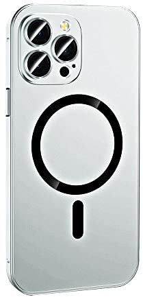 Lcmei Magnetic Charging Aluminium Metal Bumper Matte Case Cover for iPhone,Full Metal Phone Case,Alloy Magnetic Slim Case Camera Lens Protect for iPhone 14 Pro Max Silver