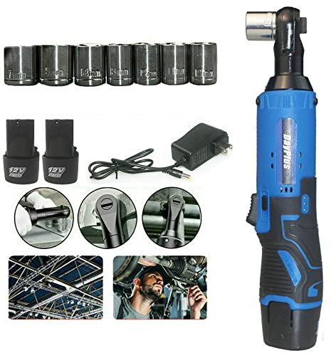 Rigogo Clé à cliquet électrique avec 2 piles de 1500 mAh, clé à cliquet électrique à angle droit, 40 Nm 12 V, outil de bricolage avec circuit inversé, fonction avant, lumière LED