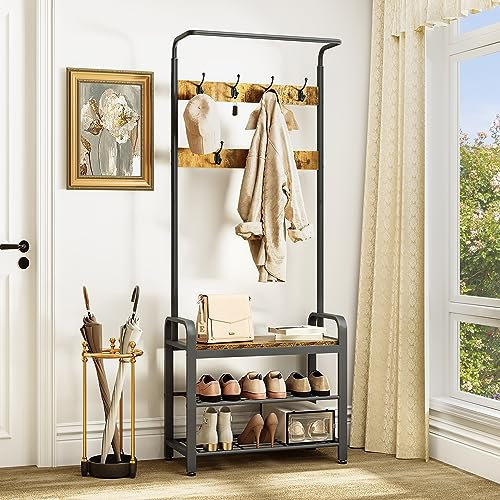 YITAHOME Porte-manteau avec rangement pour chaussures, arbre d'entrée industriel avec 7 crochets étagère de rangement avec banc pour couloir, salon, chambre à coucher, marron rustique