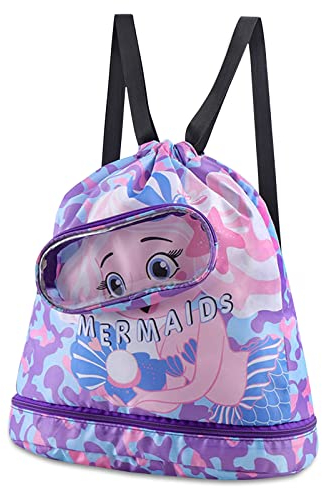 Rucksack mit Kordelzug für Kinder – Nasser und Trockener Sportrucksack,Schwimmrucksack Wasserdicht Aufbewahrung Schuhe Taucherbrille (Lila)