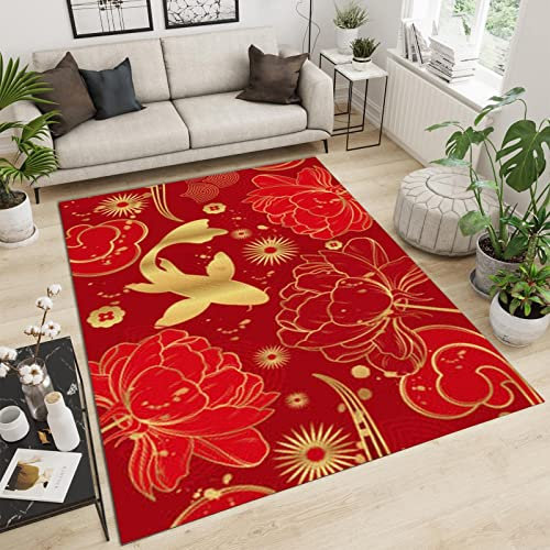Tapis de Chambre Style Chinois Mode Exquise, Tapis Moquette de Salon à Poils Ras, Lotus Rouge Doré Lavable Tapis Intérieur - pour Décor de Cuisine Et de Salle à Manger 80 x 120 cm