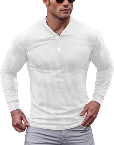 Lehmanlin Men's Muscle Polo Shirts Long Sleeve Casual T- Shirts Slim Fit Stretch Ribbed Golf Tops（White/L）