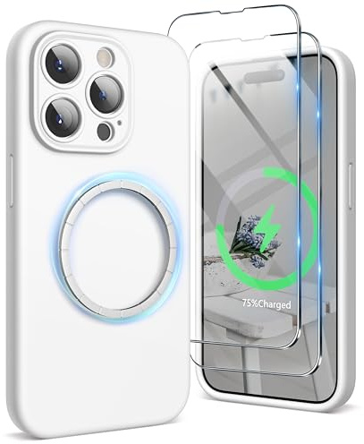 SURPHY Magnetic Case for iPhone 15 Pro Case with Screen Protector, Liquid Silicone Anti-Scratch Compatible with MagSafe Gel Rubber Phone Case for iPhone 15 Pro 6.1 inch, White