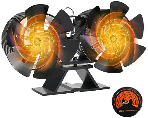 ConBlom Stove Fan Heat Powered, Double Motors Wood Stove Fan Log Burner Fan Woodburner Fireplace Top Fan with r for Wood Burning/Log Burner/Fireplace, Silent Operation (12 Blades)