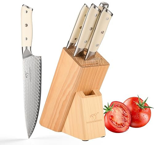 NANFANG BROTHERS Profimesser Damaskus Messerblock Holz Set 5er Damastmesser küchenmesser Kochmesser-Set Aus Edelstahl,Messerblock mit Scharfe Messer