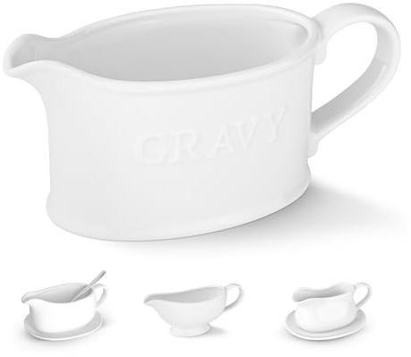 Kook Ceramic Gravy Boat, Serving Dispenser, Porcelain Pitcher for Sauces, Dressings and Creamer, Large Handle, Microwave and Dishwasher Safe, 18 oz, White