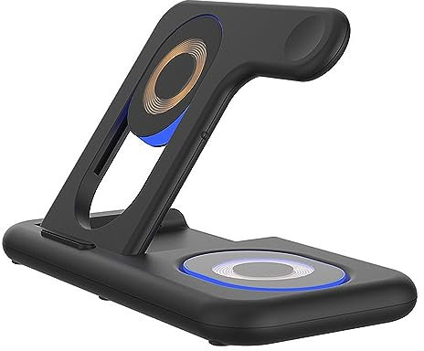 DAM Base di ricarica pieghevole 5 in 1. Base Magsafe 15 W regolabile, caricatore per Apple Watch e base Qi. con luce notturna tattile. Funzione stand. Colore: nero