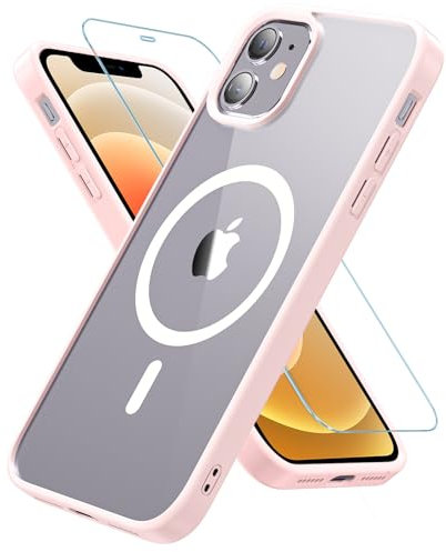 Kuaguozhe Coque pour iPhone 12/iPhone 12 Pro avec Verre Trempé, Magnétique Coque Compatible avec MagSafe, Antichoc Protection Etui Transparente Arrière Housse Case pour iPhone 12/iPhone 12 Pro (Rose)