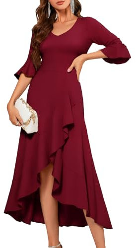 HomRain Women's Burgundy XL A-Line Maxi Dress with Bell Sleeves, V-Neck, Zipper Back, Slit Hem for Formal, Cocktail, Evening Occasions