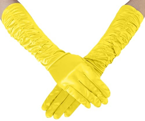 Lange Ellbogen Satinhandschuhe Damen Handschuhe Satin Pliss Opernhandschuhe Abend Tanzparty Hochzeit Braut Elastisch Handschuhe Karneval Kostüm Handschuhe (Gelb)